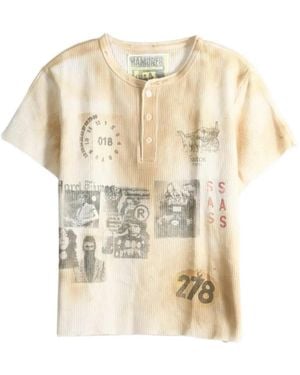 SAITOS Graphic-Print Waffle-Knit Henley T-Shirt - Natural