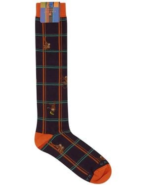 Gallo Check Monkey-Motif Socks - Purple