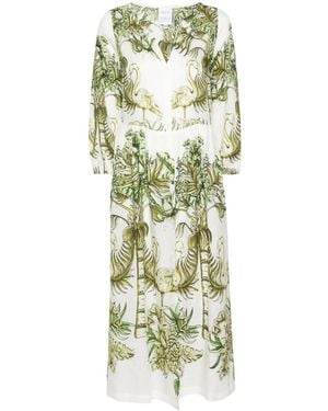 Sara Roka Floral And Flamingo Print Linen Dress - Green