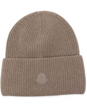 Moncler Logo-Patch Ribbed-Knit Beanie Hat - Brown