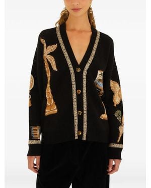FARM Rio Graphic-Intarsia V-Neck Cardigan - Black