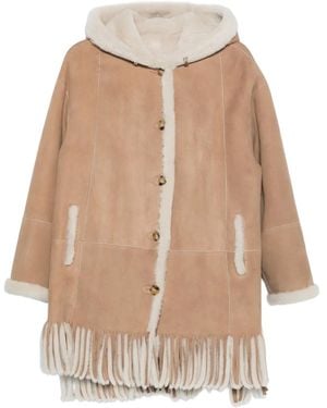 Liska Hooded Fringed Shearling Coat - Natural