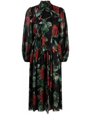Dolce & Gabbana Rose Print Flared Chiffon Dress - Black
