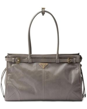 Prada Large Enamel Triangle Logo Belted Handbag - Grey