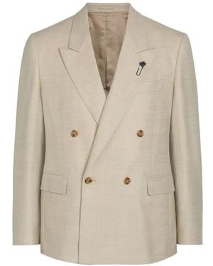 Lardini Double-Breasted Herringbone Blazer - Natural