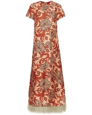 La DoubleJ Swing Feather-Trimmed Silk Twill Maxi Dress - Red