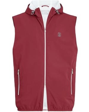 Brunello Cucinelli Bonded Nylon Hooded Vest With Logo - Red