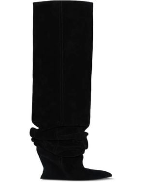 Balmain Suede Leather Wedge Thigh-High Boots - Black