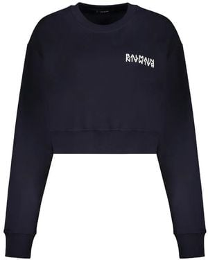 Balmain Cropped Sweater Met Logo - Blauw