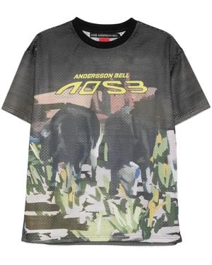 ANDERSSON BELL Cow-Print Mesh T-Shirt - Green