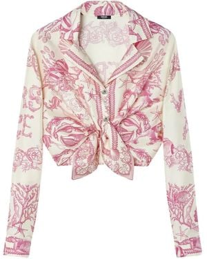 Versace Underwater Barocco Knotted Crop Silk Shirt - Pink