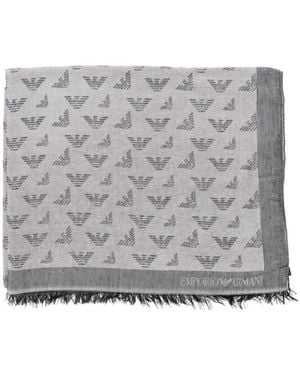 Emporio Armani Eagle-Monogram Fringed Scarf - Grey