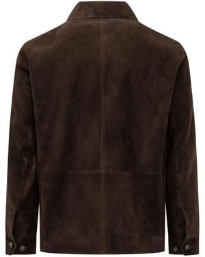 BOSS Button-Up Suede Jacket With Checkered Lining - Brown