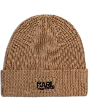 KARL LAGERFELD Logo-Embroidered Ribbed-Knit Beanie Hat - Brown