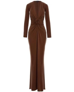 ROSERRY Mallorca Rose-Embellished Twist-Front Midi Dress - Brown