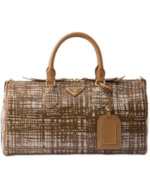 Prada Medium Linen Blend And Leather Top-Handle Bag - Brown