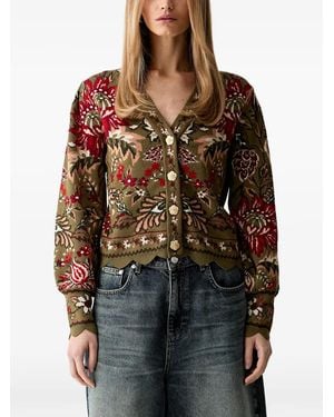 FARM Rio Floral-Pattern Scallop-Hem Cardigan - Brown