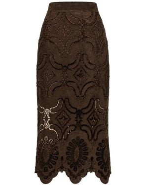 Isabelle Blanche Laser-Cut Scalloped Midi Skirt - Brown