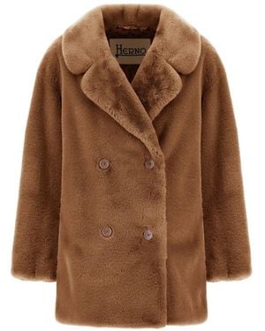 Herno Beaver-Effect Faux-Fur Peacoat - Brown