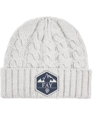 Fay Cable-Knit Logo-Patch Beanie Hat - White