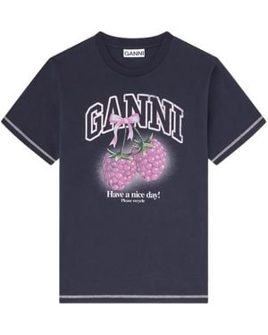 Ganni Raspberry Cotton T-Shirt - Blue