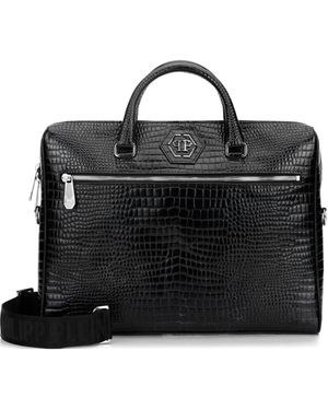 Philipp Plein Crocodile Print Logo Patch Laptop Bag - Black