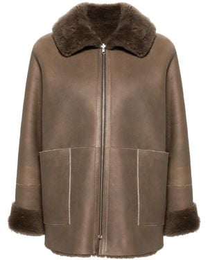 Liska Spread-Collar Leather Coat - Brown