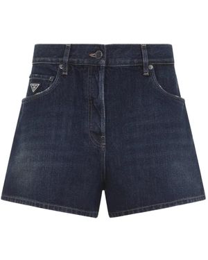 Prada Logo-Plaque Denim Shorts - Blue
