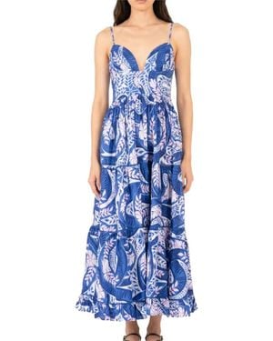 Poupette Milena Tiered Leaf-Print Dress - Blue