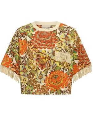 ALÉMAIS Floral-Print Fringe-Trim T-Shirt - Metallic