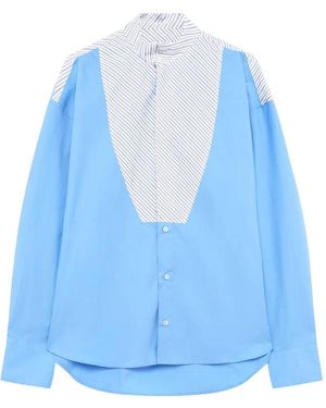 MSGM Stripe-Panelled Cotton Shirt - Blue