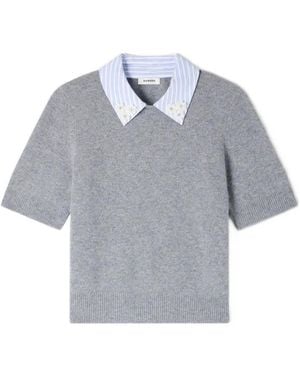 Sandro Detachable Striped-Collar Wool Sweater - Gray