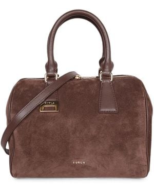 Furla Suede Logo-Plaque Tote Bag - Brown