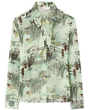 Tory Burch Printed Chiffon Bow Blouse - Green
