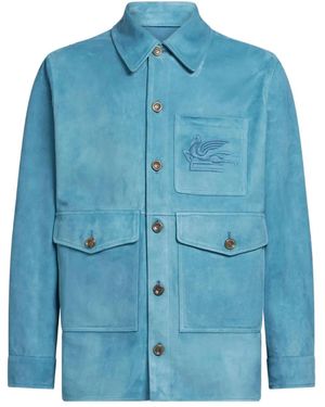 Etro Pegasus-Embroidered Suede Shirt Jacket - Blue