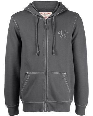 True Religion Logo-Embroidered Zip-Up Hoodie - Grey