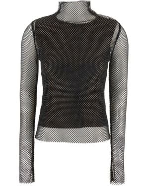 Sportmax Sheer Fishnet Long-Sleeve Fitted Top With High Neck - Black