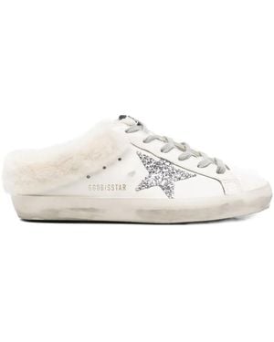 Golden Goose "Super Star" Sabot Leather Upper Glitter Star Shearling Lining - White