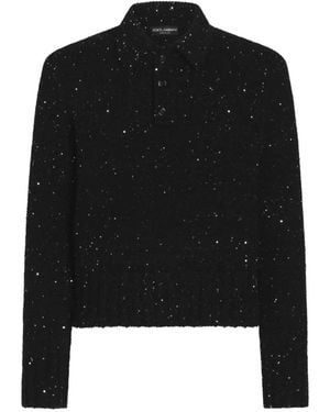 Dolce & Gabbana Knit Polo Shirt With Sequins - Black