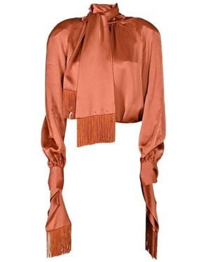 ROWEN ROSE Fringed Pussy-Bow Blouse - Orange