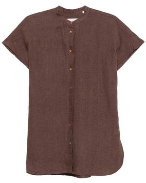 Xacus Nevil Short-Sleeve Band-Collar Blouse - Brown