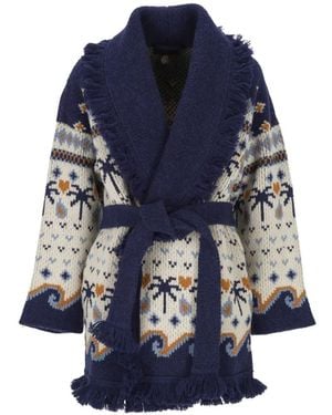 Alanui Fringe-Trimmed Jacquard Cardi-Coat - Blue