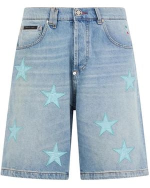 Philipp Plein Star-Patch Denim Shorts - Blue