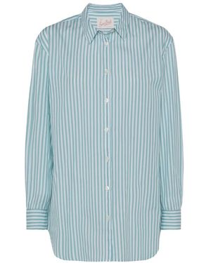MC2 Saint Barth Brigitte Striped-Print Cotton Shirt With Beach Club Embroidery - Blue