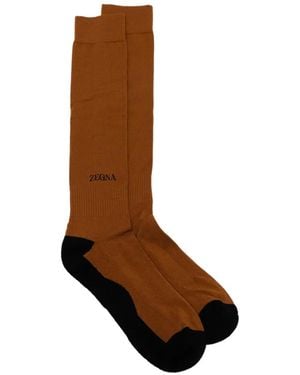 ZEGNA Logo-Print Colour-Block Socks - Brown