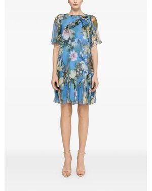 Nissa Floral Ruffled Silk Mini Dress - Blue