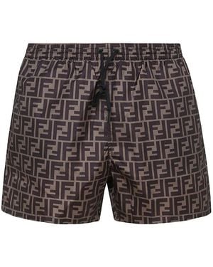 Fendi Monogram-Motif Drawstring Swim Shorts - Gray