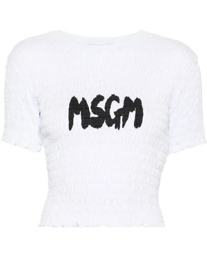 MSGM Logo-Print Smocked T-Shirt - White