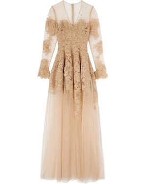 Ermanno Scervino Floral-Appliqué Long-Sleeve Maxi Dress - Natural
