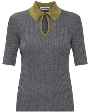 Jil Sander Ribbed Cut-Out Polo Shirt - Grey